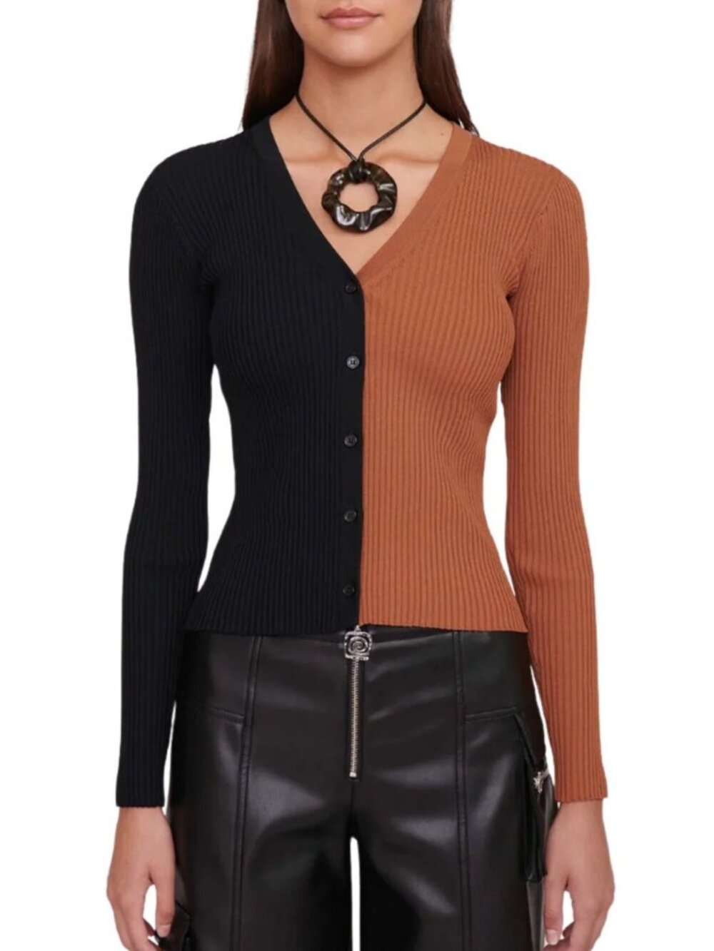 STAUD Cargo Colorblock Cardigan Sweater Tan Black Size Small